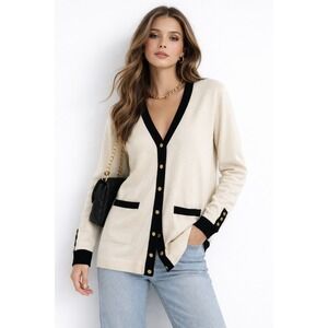 Zara Knit Cream & Black Trim Long Cardigan Gold Buttons Size S‎ Minor Marks